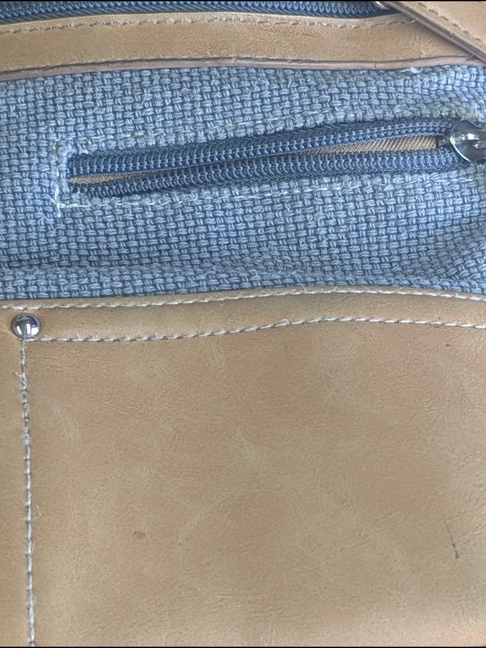 Stone Mountain Crossbody Bag Gray Canvas Tan Leather Trim Multi Pocket Adjustabl
